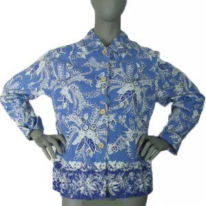 New Coldwater Creek Size: Large Linen Rayon Blend Blue Floral Jacket w/Sparkle